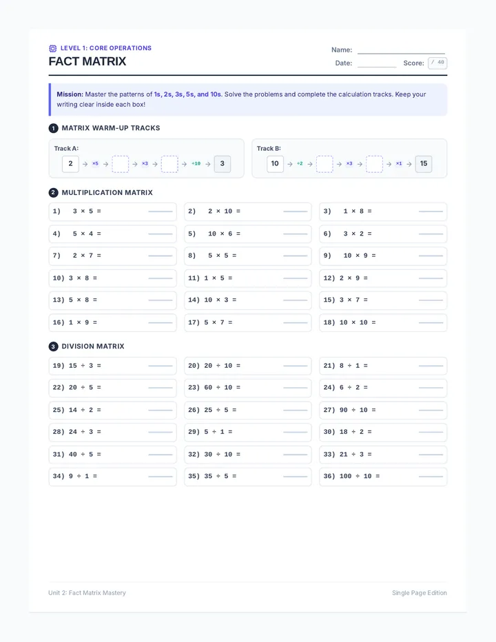 Fact Matrix Worksheet