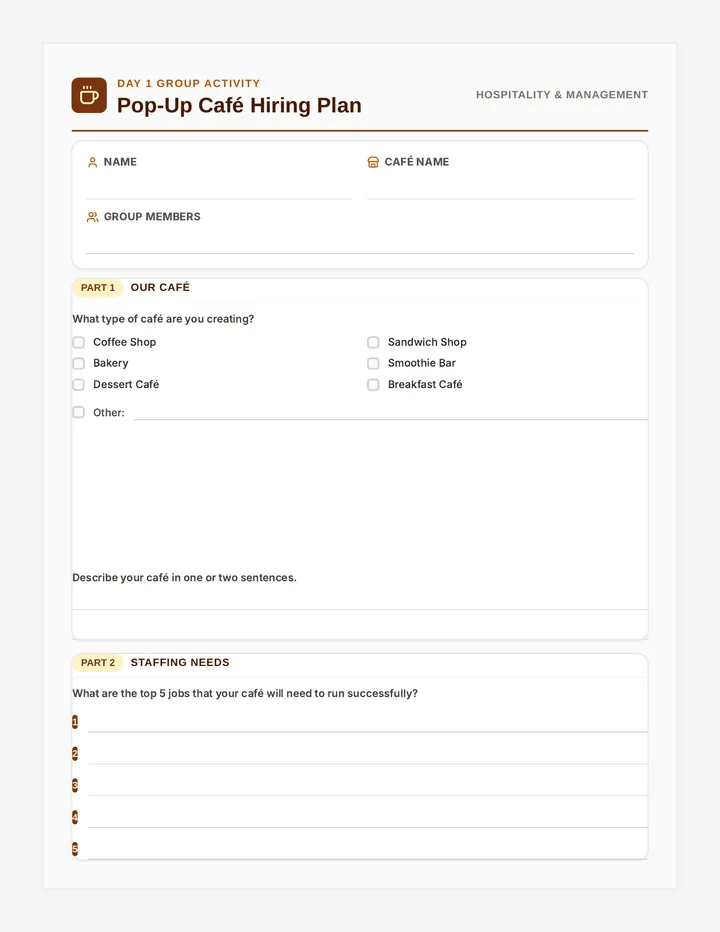 PopUp Café Hiring Plan Worksheet