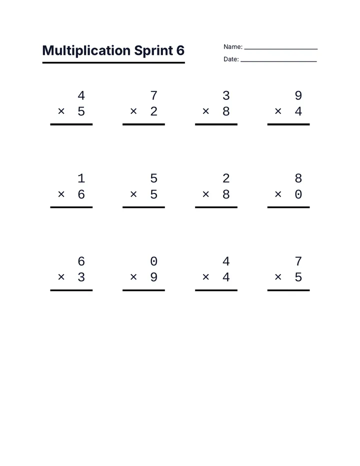 Multiplication Sprint 6 Worksheet