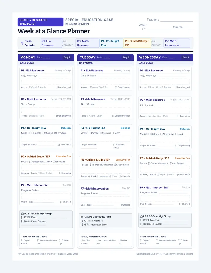 Resource Room Weekly Planner