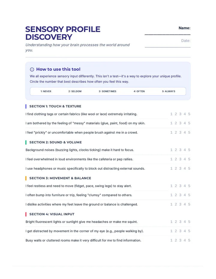 Sensory Profile Discovery Worksheet Plus Score Key