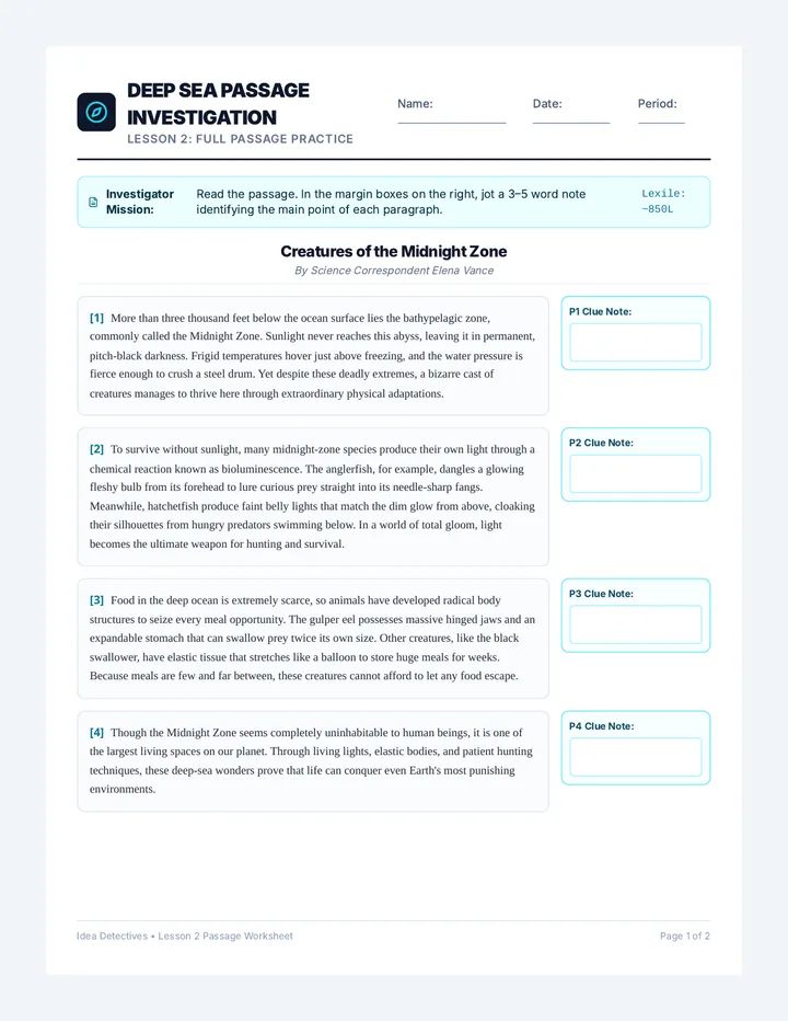 Deep Sea Worksheet