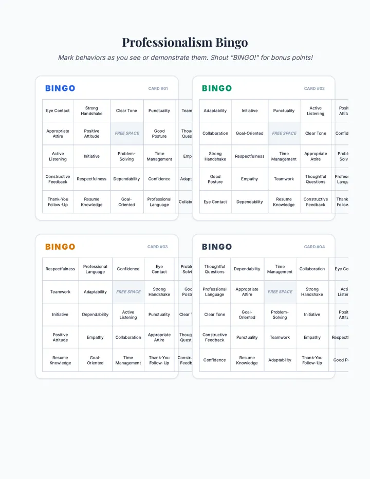 Professionalism Bingo Cards