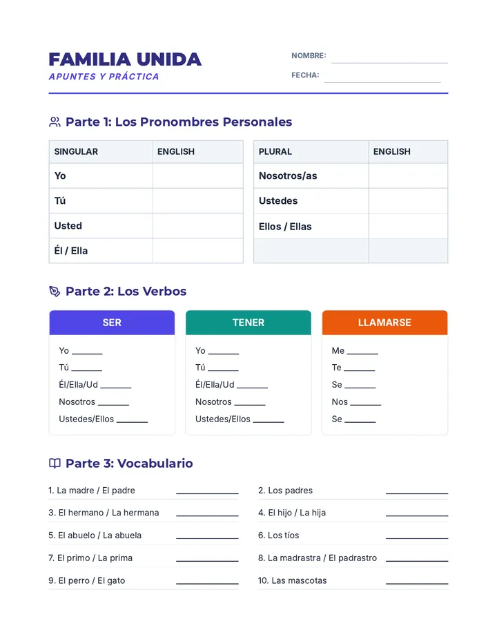Familia Unida Worksheet