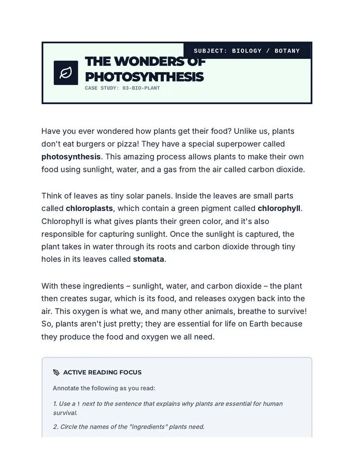 The Wonders of Photosynthesis Passage