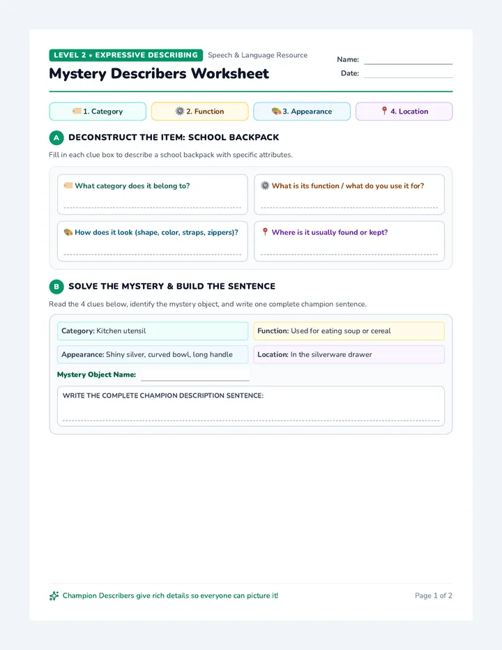Mystery Describers Worksheet