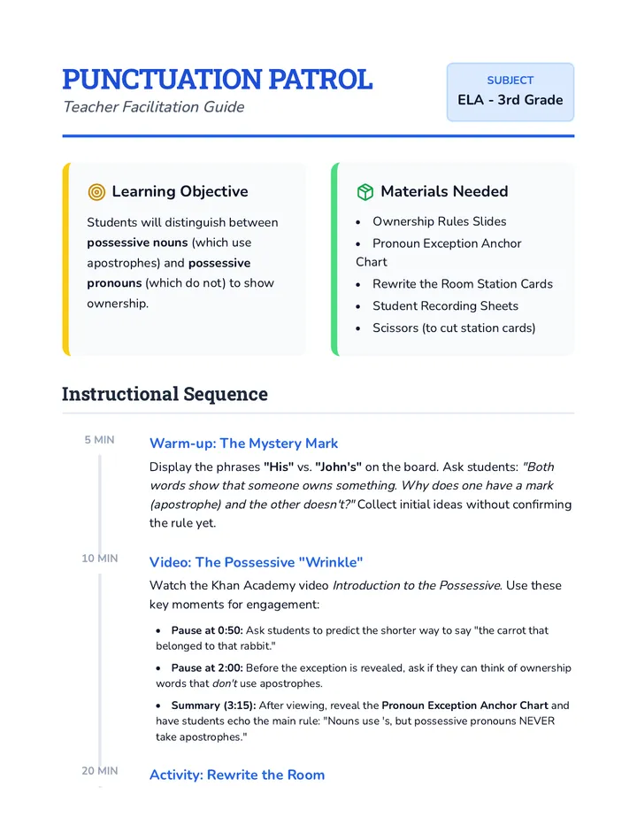 Punctuation Patrol Teacher Guide