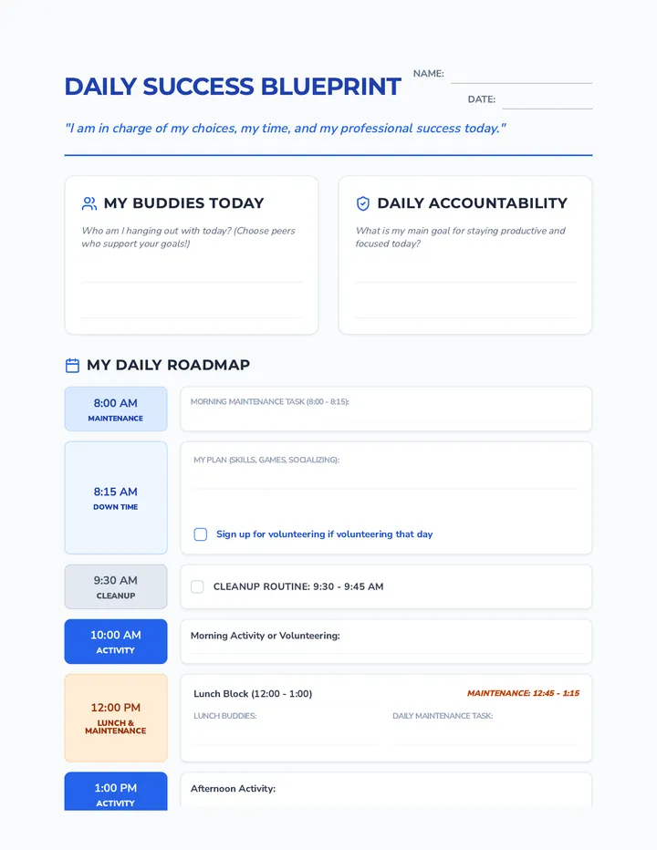 Daily Action Planner Worksheet Adult Version