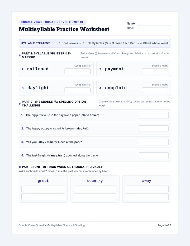 Multisyllable Practice Worksheet