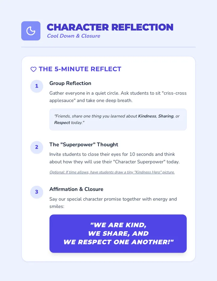 Character Reflection Cool Down Activity