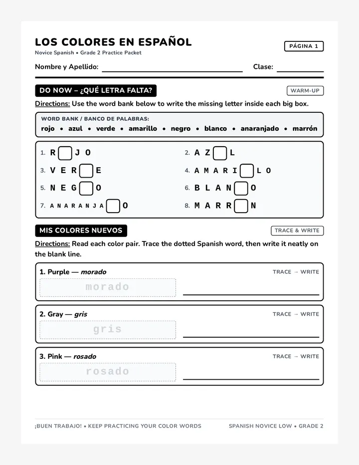 Los Colores Practice Packet