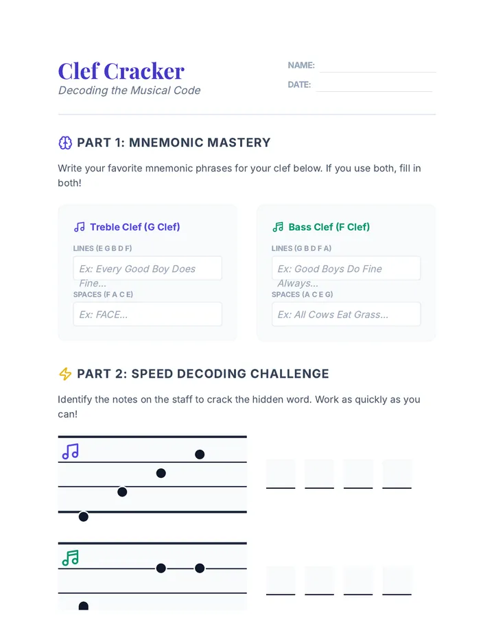 Clef Cracker Worksheet