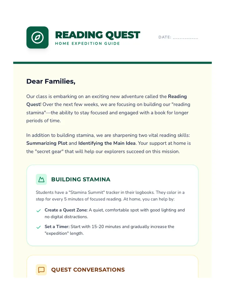 Reading Quest Family Letter
