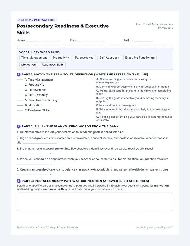 Postsecondary Pathways Vocabulary Worksheet