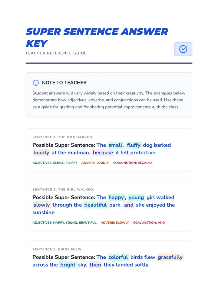Super Sentence Answer Key Document