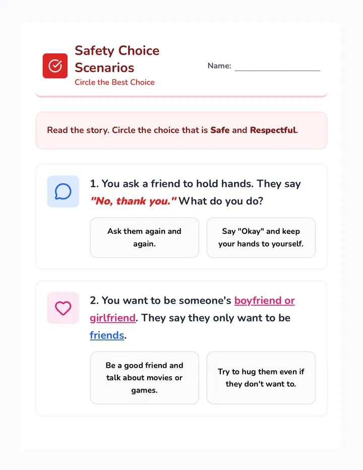 Safety Choice Scenarios Worksheet