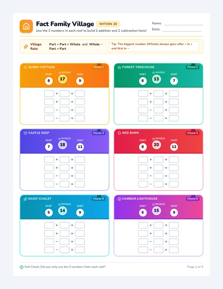 Fact Family Houses Worksheet