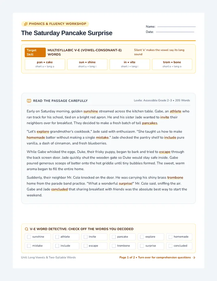 Pancake Quest Passage Worksheet
