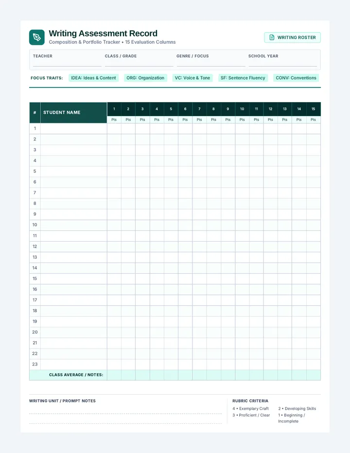 Writing Portfolio Grade Sheet