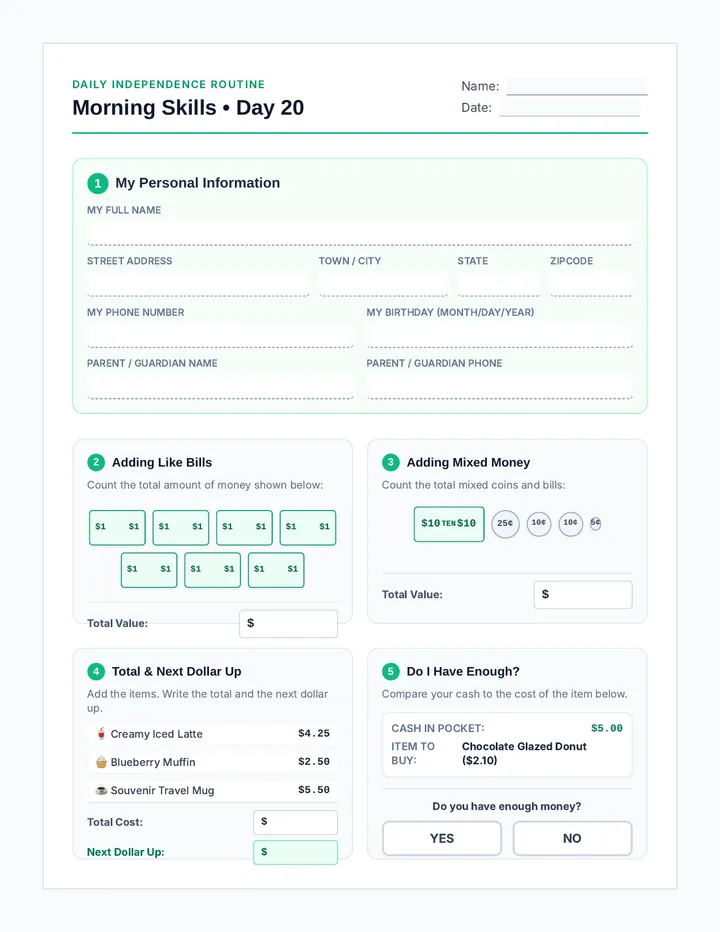 Morning Skills Day 20 Worksheet