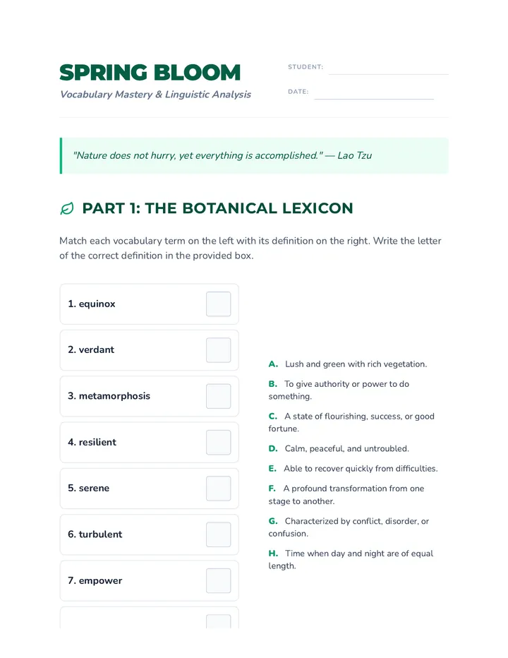Spring Bloom Vocabulary Activity