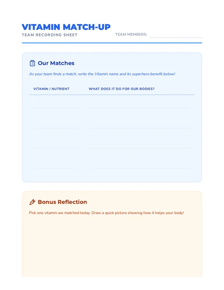 Vitamin Match Recording Sheet Material