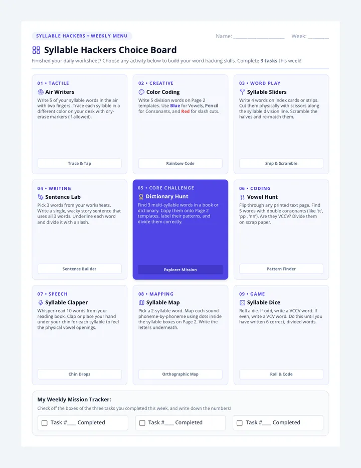 Syllable Hackers Choice Board