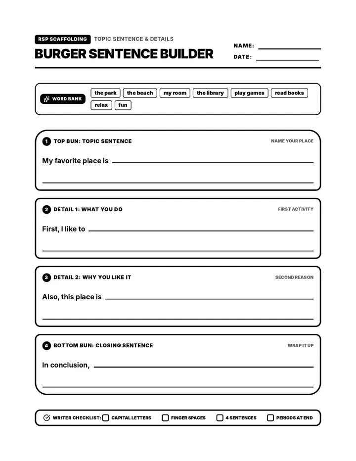 Burger Sentence Builder Worksheet