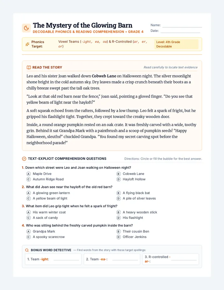 Cobweb Clues Reading Worksheet