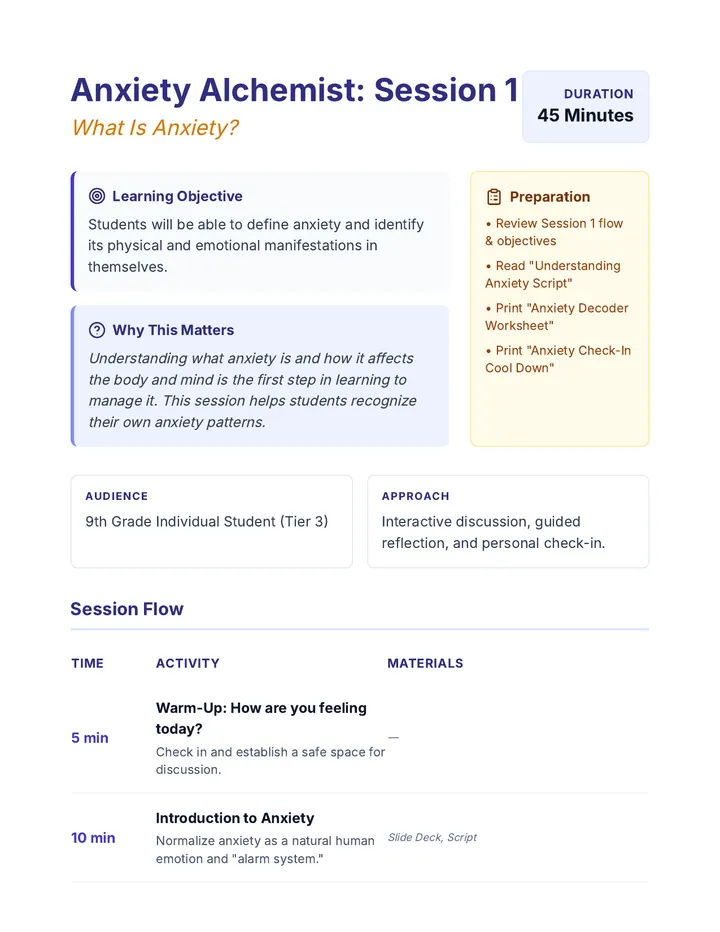 Anxiety Alchemist Session 1 Lesson Plan