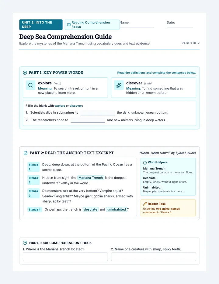 Deep Sea Comprehension Worksheet