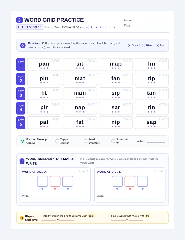 Phonics Word Grid Worksheet