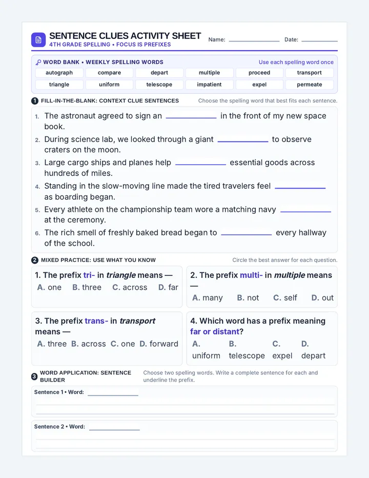 Sentence Clues Activity Sheet