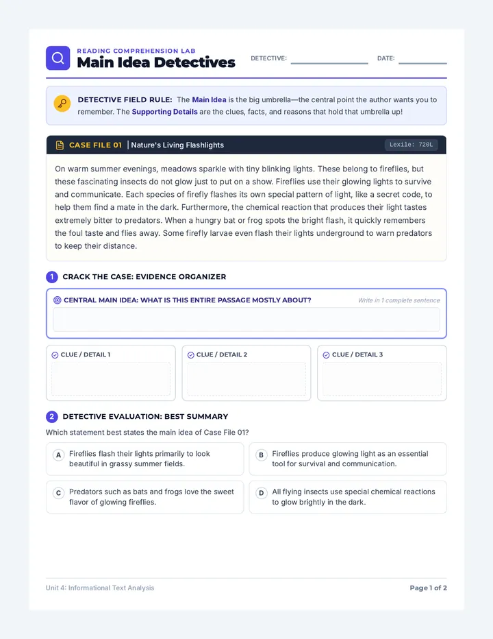 Main Idea Detectives Worksheet