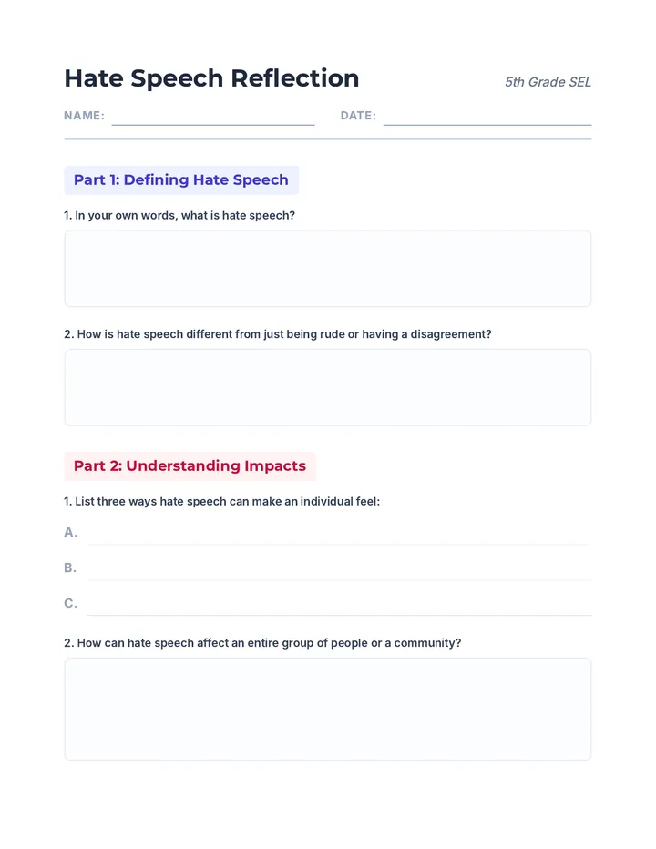 Hate Speech Reflection Worksheet