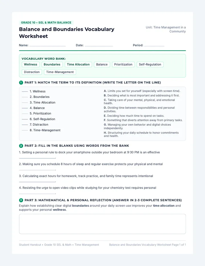 Balance and Boundaries Vocabulary Worksheet