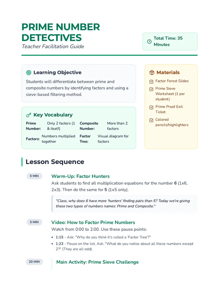 Prime Numbers Teacher Guide