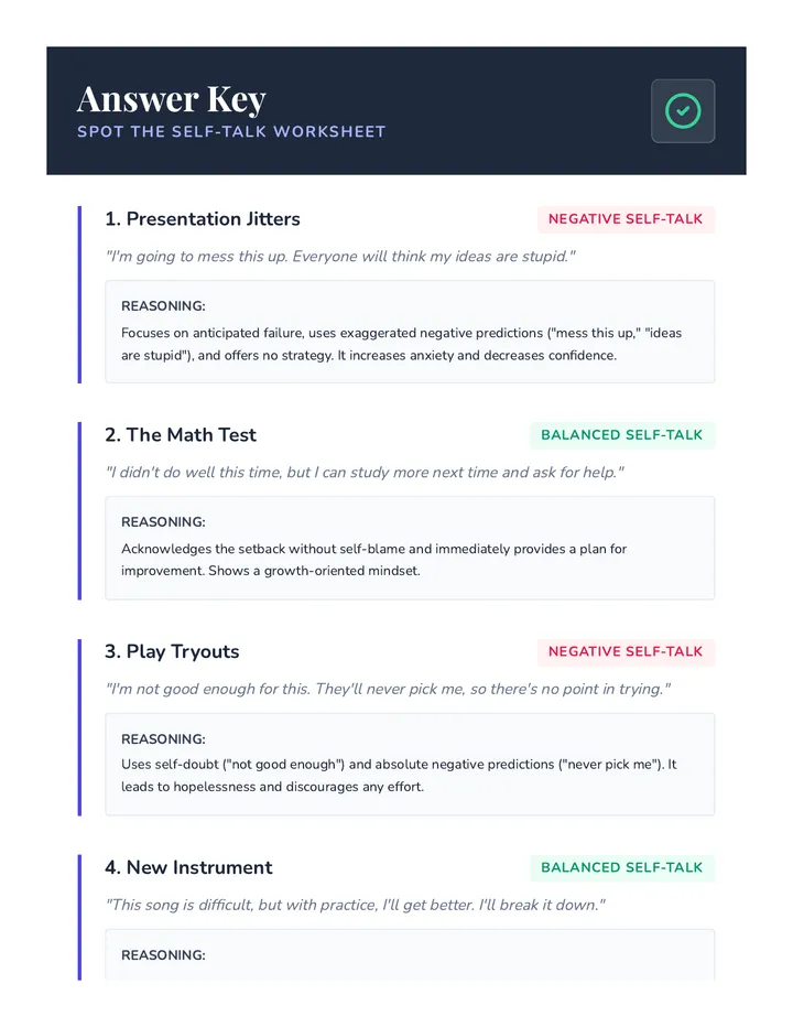 Spot the Self Talk Answer Key