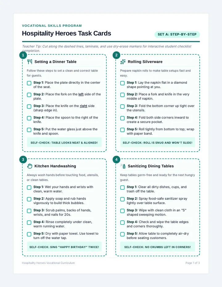 Hospitality Heroes Task Cards