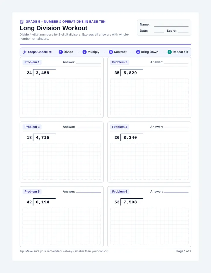 Long Division Workout Worksheet