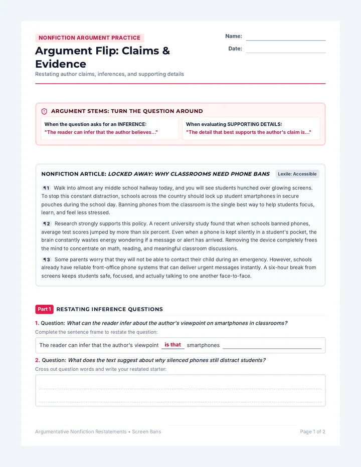 Argument Restate Practice Worksheet