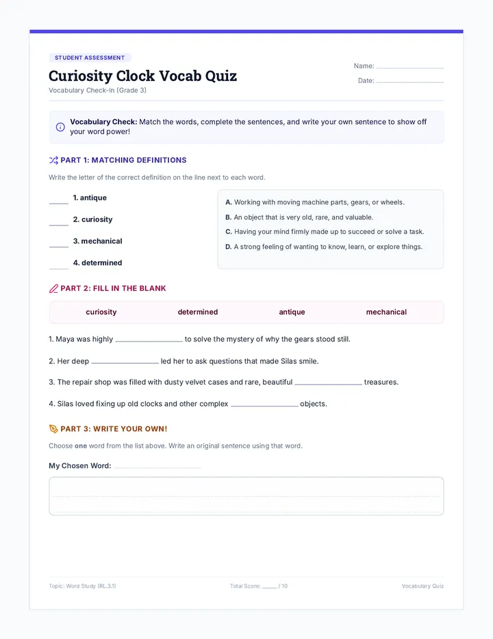 Curiosity Clock Vocab Quiz