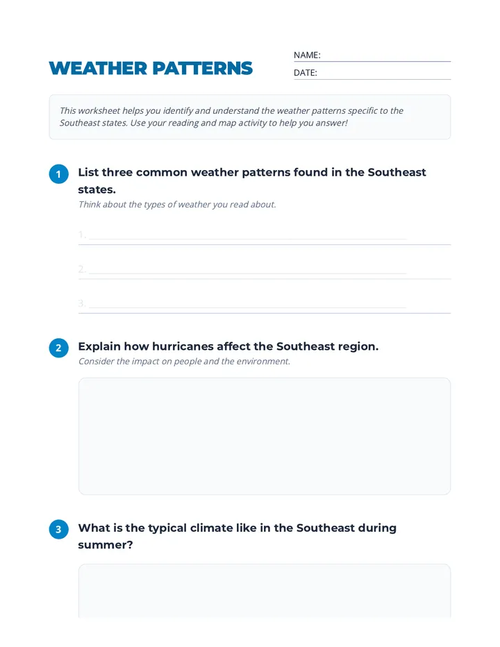Southeast Weather Patterns Worksheet