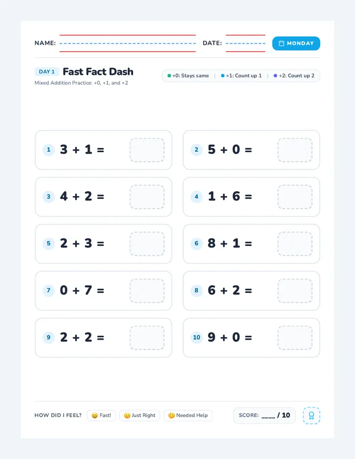 Monday Fact Dash Worksheet
