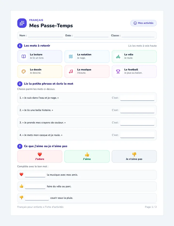 Passe-Temps Passion Worksheet
