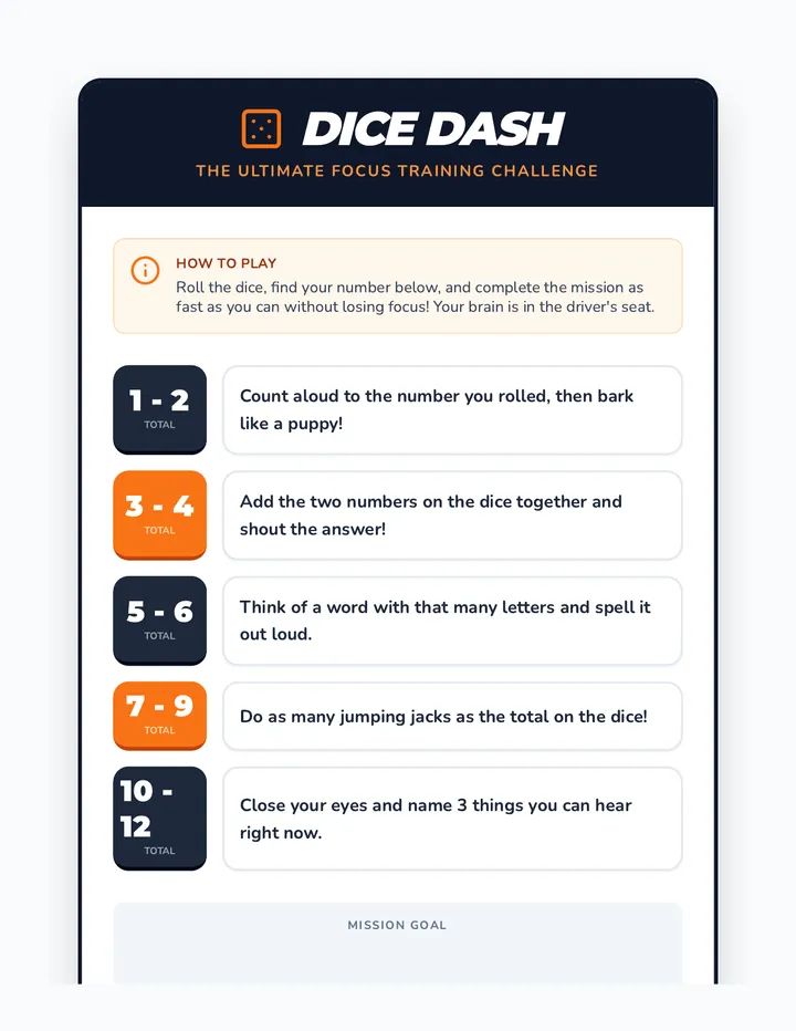 Dice Dash Activity Card