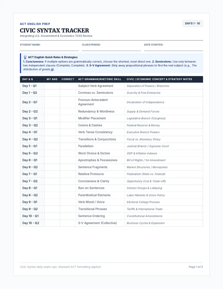 Civics Syntax Tracker Worksheet