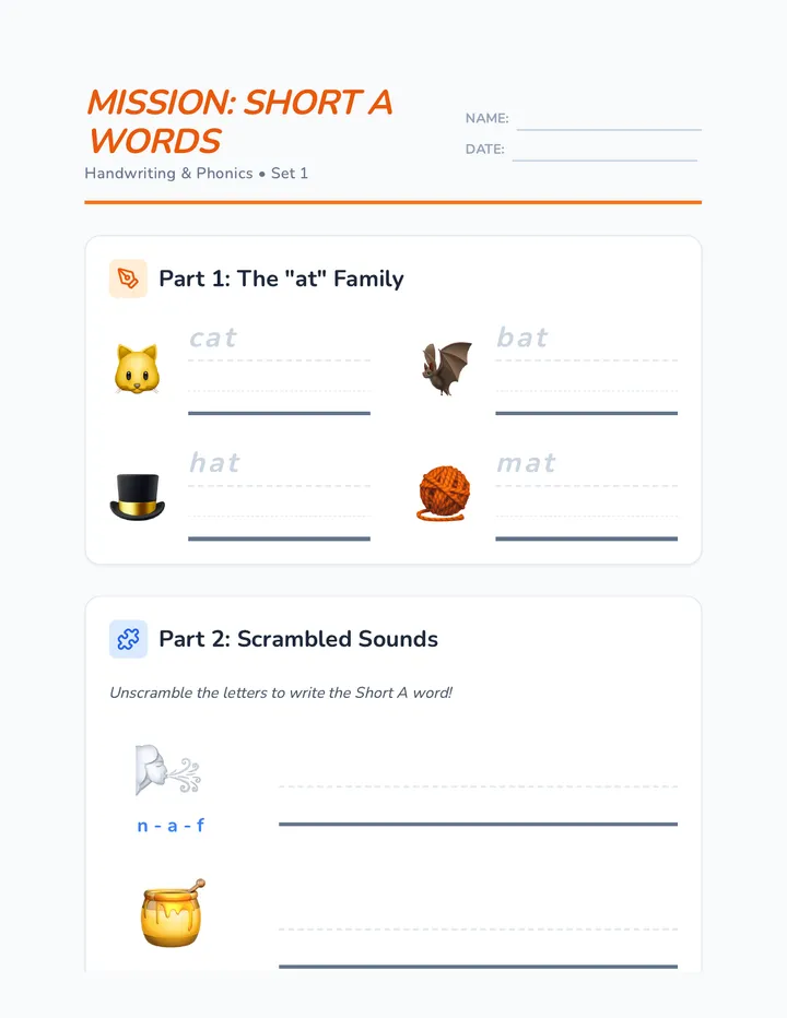 Short A Mission Worksheet