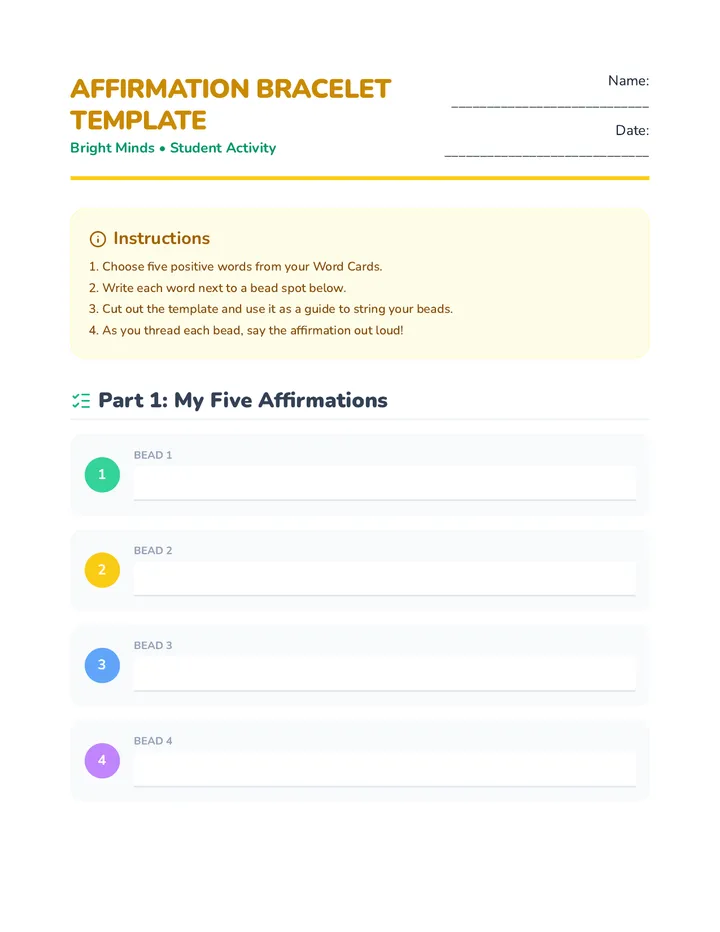 Affirmation Bracelet Template Worksheet