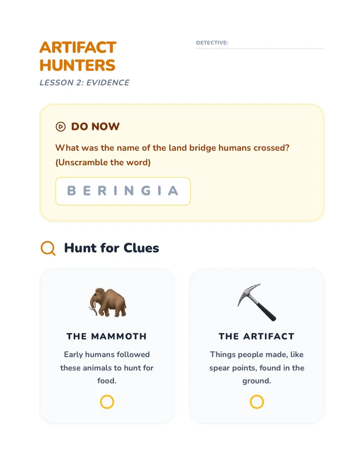 Artifact Hunters Worksheet